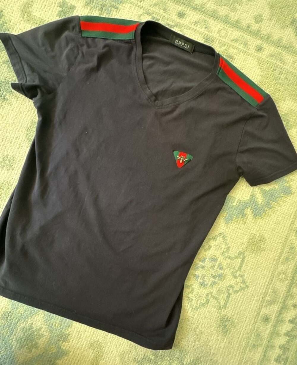 Gucci Bee Embroidered V-Neck T-Shirt with Web Straps, Size L